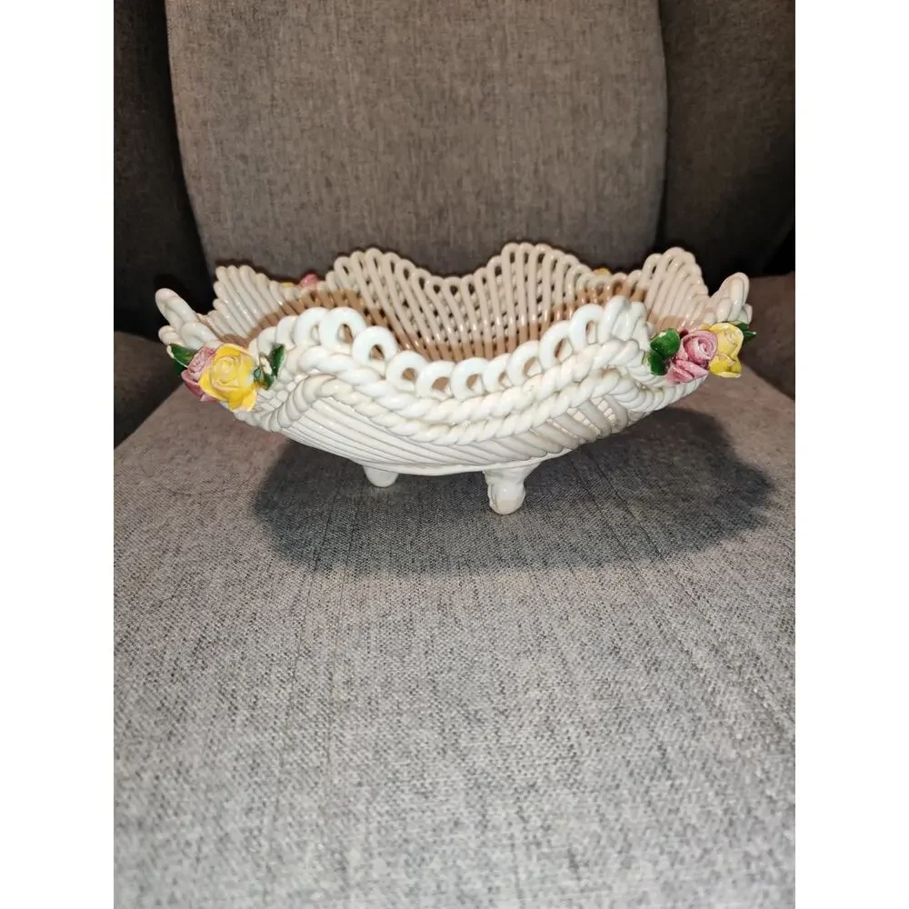 Vintage 1950s Capodimonte Woven Porcelain Rope Lattice Bowl Made in Italy